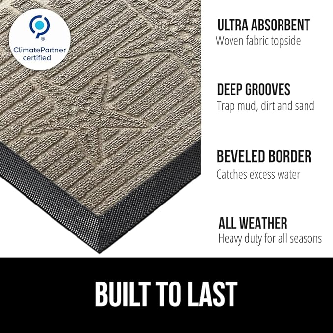 GORILLA GRIP 100% Waterproof All-Season WeatherMAX Doormat 35x23, US Designed Natural Rubber, Stain and Fade Resistant, Low Profile Indoor Outdoor Door Mats, Easy Clean Patio Mat, Sand Beach