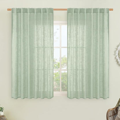 LAMIT Fresh Green Linen Curtains 54 Inch Length, Light Filtering Panels Back Tab and Rod Pocket Neutral Drapes for Living Room/Window/Bedroom, 52 x 54 Inch, 2 Panels