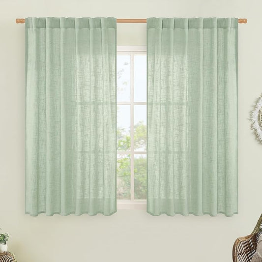 LAMIT Fresh Green Linen Curtains 54 Inch Length, Light Filtering Panels Back Tab and Rod Pocket Neutral Drapes for Living Room/Window/Bedroom, 52 x 54 Inch, 2 Panels