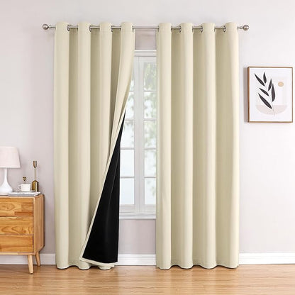 ChrisDowa 100% Blackout Curtains 102 inch Long for Bedroom with Black Liner, 2 Thick Layers Total Blackout Thermal Insulated Grommet Window Curtains 2 Panels Set (Light Beige, 52 x 102 Inch)