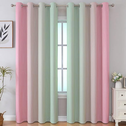 Estelar Textiler Sage Green and Pink Ombre Blackout Curtains 96 Inches Long for Bedroom, Thermal Insulated Full Light Blocking Grommet Gradient Blackout Drapes for Living Room, 52Wx96L, 2 Panels