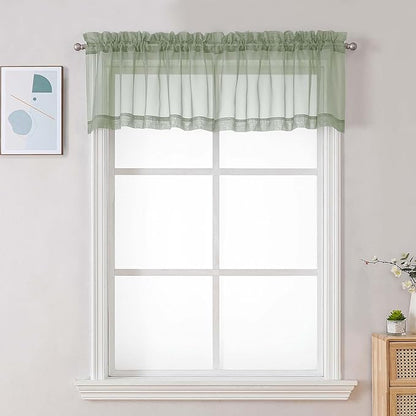 Chyhomenyc Sage Green Sheer Valances for Windows - Light Filtering Small Kitchen Curtains, Rod Pocket Short Top Window Treatment Decor for Living Room Bathroom Basement, 42Wx16L inches, 2 Panels