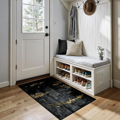 Washable Area Rugs 2'x4' Non-Slip Modern Abstract Soft for Living Room Entryway Bedroom Nursery, Print Pattern, Dark Black Gold