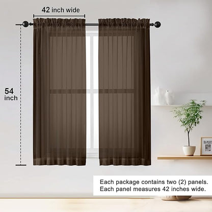 OWENIE Sheer Curtains 54 inches Long for Living Room Bedroom, Rod Pocket Light Filtering Voile Sheers Panels Drapes Small Window Treatments 2 Panels, 42" W x 54" L, Chocolate