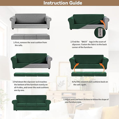 WEERRW 4 Pieces Velvet High Stretch Couch Covers for 3 Cushion Couch Sofa Slipcovers, Washable Furniture Protector with Non Slip Elastic Bottom, Feature Soft Plush Fabric, Emerald Green, Large