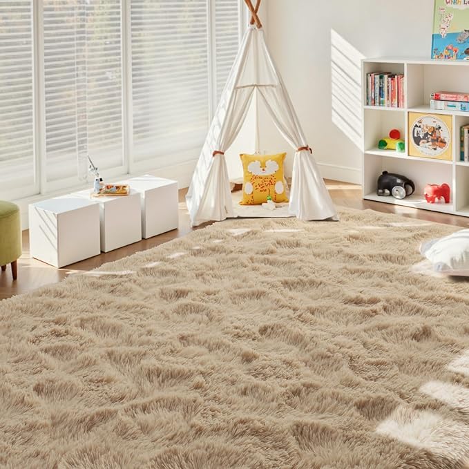 6x9 Ft Large Shag Beige Rugs for Living Room Bedroom, Ultra Soft Fluffy Furry Area Rugs for Playroom Indoor Floor, Aesthetic Carpet for Kids Home Decor