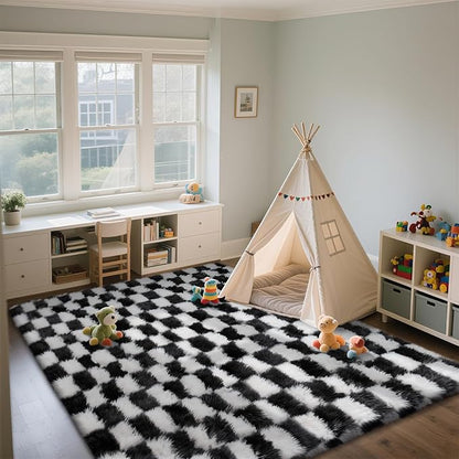 Large Area Rugs for Living Room Bedroom,9x12 Black and White Fluffy Soft Checkered Rug Fuzzy Shag Shaggy Carpet, Indoor Plush Floor Rugs for Kids Boys Girls Teen Dorm Nursery Home Decor