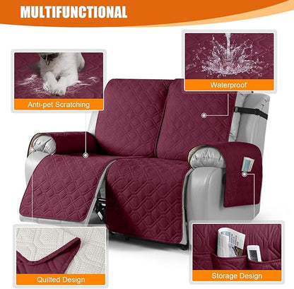 VANSOFY Waterproof Recliner Couch Covers, Sofa Covers 1-Piece Washable Reclining Sofa Cover Non-Slip Furniture Protector with Elastic Straps Pocket for Dogs, Pets(Burgundy,2 Seater)