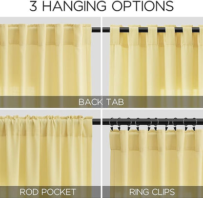 Yellow Linen Semi Sheer Curtains 108 Inches Long 2 Panels Set Back Tab Loop Pocket Linen Blend Boho Decor Large Window Curtain Extra Long Light Filtering Drapes High Ceiling for Living Room 52x108
