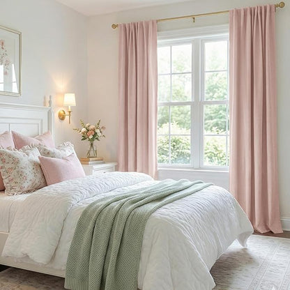 100% Blackout Shield Light Pink Linen Blackout Curtains for Bedroom 84 Inches Long, Back Tab/Rod Pocket Living Room Drapes, Thermal Insulated Blackout Curtains 2 Panels Set, 50" W x 84" L