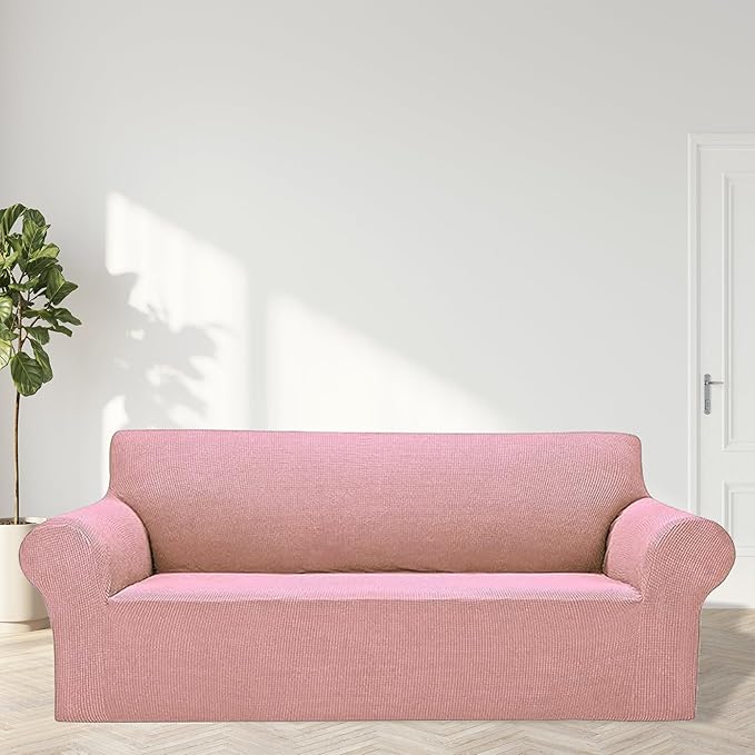 Cupuamon 2026 New Stretch Sofa Slipcovers Couch Cover for 3 Cushion Furniture Protector Sofa Covers with Elastic Bottom Jacquard Fabric Small Checks for Pets, Kids -Sofa, Dusty Pink