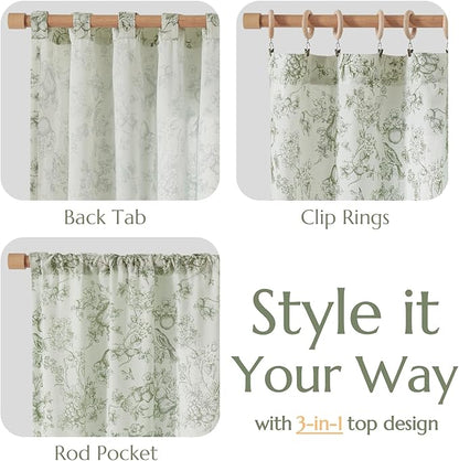 jinchan Linen Floral Curtains for Living Room 96 Inch Long Sage Green Printed Flower French Country Curtain Farmhouse Cottage Core Toile Curtains Back Tab Light Filtering Window Drapes Set 2 Panels