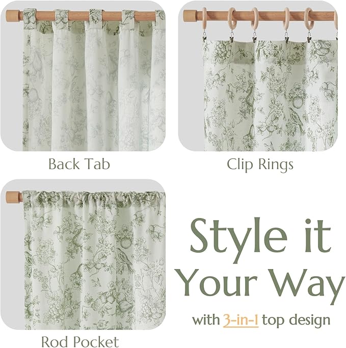 jinchan Linen Floral Curtains for Living Room 84 Inch Long Sage Green Printed Flower French Country Curtain Farmhouse Cottage Core Toile Curtains Back Tab Light Filtering Window Drapes Set 2 Panels