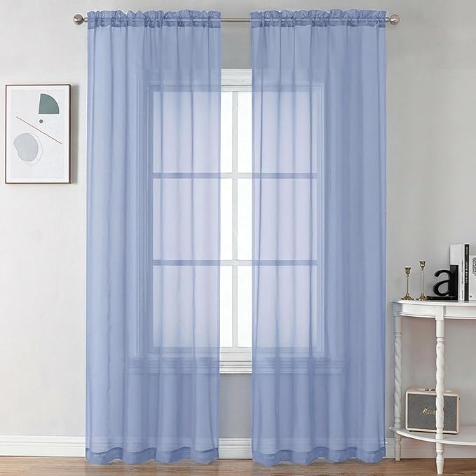 Chyhomenyc Sheer Curtains 90 inches Long 2 Panels - Light Filtering Soft Airy Solid Elegant Voile Window Treatment Drapes for Bedroom Living Room, 42Wx90L Inches, Denim Blue