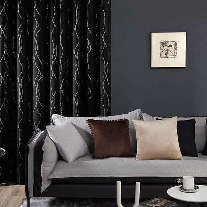 Deconovo Blackout Curtains, Black Curtain, Thermal Insulated Noise‑Reducing Drapes, Wave Line Dot Foil Print, 38 x 84 Inch Long, 2 Panels, Machine‑Washable Window Curtains for Bedroom Living Room