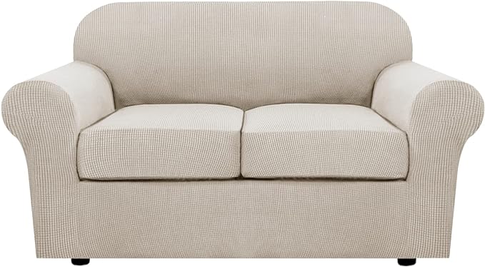H.VERSAILTEX 3 Piece Stretch Sofa Covers for 2 Cushion Loveseat Couch Covers for Living Room Furniture Cover (Base Cover Plus 2 Seat Cushion Covers) Thicker Jacquard Fabric(Medium, Island Fossi)