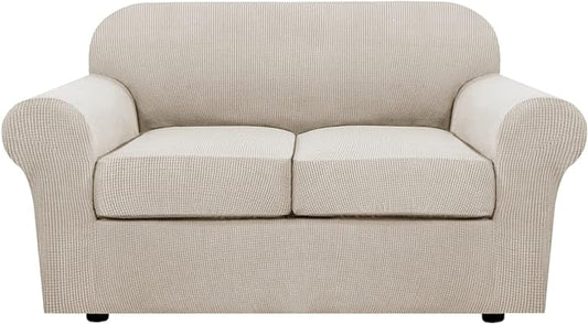 H.VERSAILTEX 3 Piece Stretch Sofa Covers for 2 Cushion Loveseat Couch Covers for Living Room Furniture Cover (Base Cover Plus 2 Seat Cushion Covers) Thicker Jacquard Fabric(Medium, Island Fossi)