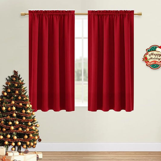 DWCN Christmas Red Blackout Curtains for Bedroom – Rod Pocket Thermal Insulated Energy Saving Drapes for Living Room and Bedroom, W 38 x L 54 Inch, 2 Panels