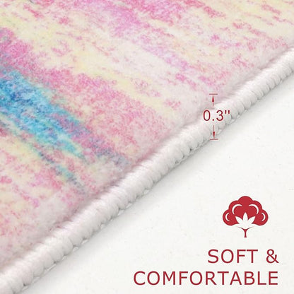 KOZYFLY Pink Nursery Rug for Baby Girl, Washable Thin Area Rugs 5x7 for Kids Bedroom Dorm Playroom, Non-Slip Faux Wool Soft Low Pile Living Room Rug for Dining Room, Kitchen Bathroom