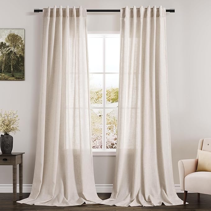 Linen Beige Curtains Back Tab Sheer Curtains 90 Inches Long for Living Room 2 Panels Rod Pocket Neutral Semi Sheer Light Filtering Pleated Curtain Drapes Linen Farmhouse Dining Room Curtain 42x90