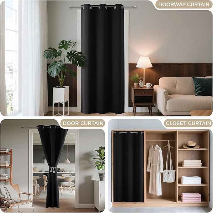 Joydeco Blackout Door Curtain for Doorway Privacy 96 Inches Long, Grommet Closet Curtain for Open Closet, Room Divider for Bedroom Living Room (Black, 52Wx96L, 1 Panel)