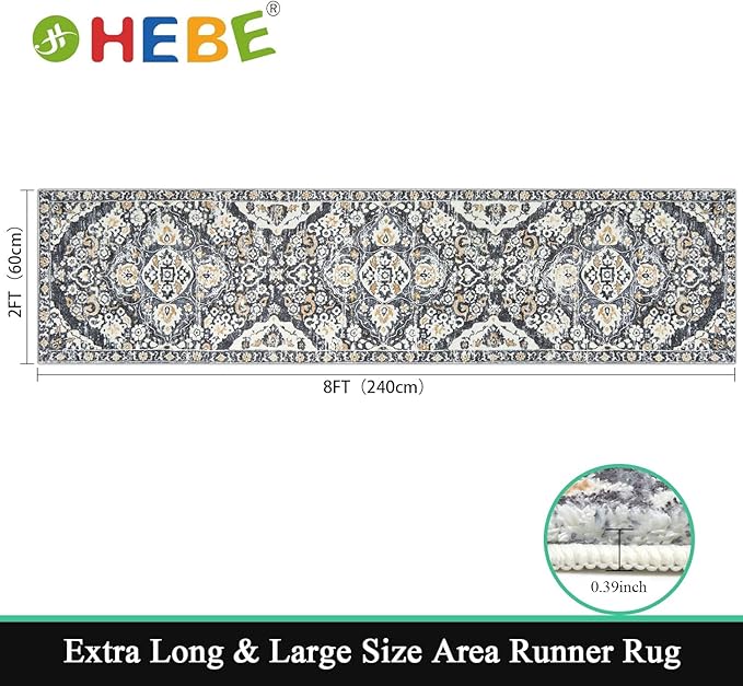 HEBE Hallway Runner Rug 2'x8' Washable Vintage Distressed Area Rugs Non Slip Laundry Rug Runner Boho Floor Carpet Runners for Hallways Entryway Laundry Room Kitchen Bathroom