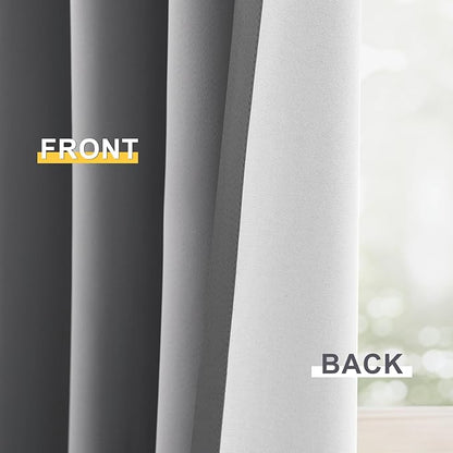 Yakamok 100% Blackout Curtain Panels 72 inches Cold and Light Blocking Drapes for Nursery, 2 Thick Layers Thermal Insulated Draperies (2 Pieces, 50 Wide Each Panel, Grey Front with White Backing)