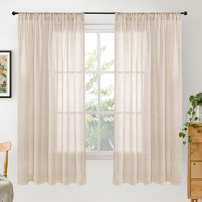 BGment 63 Inches Long Burlap Linen Semi Sheer Curtains for Living Room - Natural Tan Drapes Rod Pcoket Light Filtering Window Treatments for Farmhouse Bedroom Lightweight, 2 Panels Set, 52 X 63 Inch