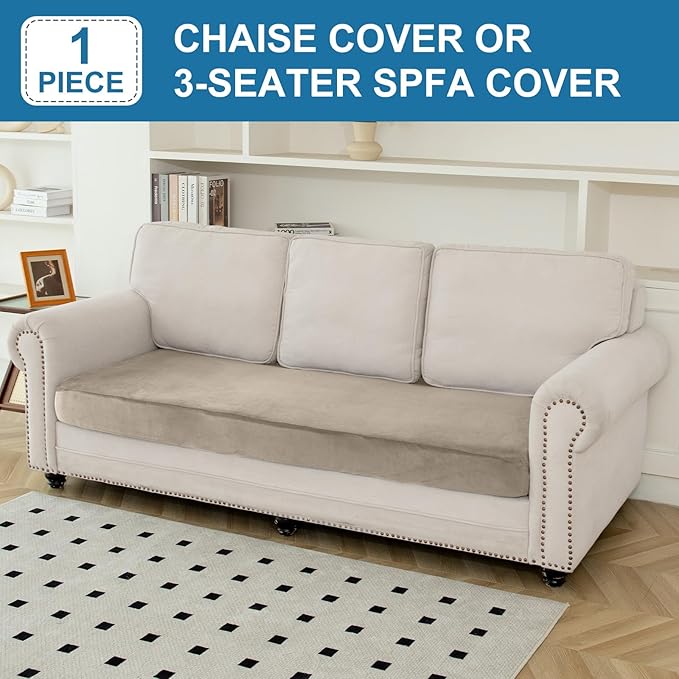 Couch Cover Velvet Chaise Cushion Cover for Sectional Sofas - Elastic L-Shaped Sofa Seat Covers Washable, Slipcover Protector (1-Piece, Taupe)