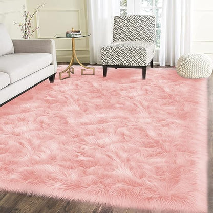 Latepis Pink Living Room Rugs Faux Fur Rug 5x6.7 Area Fuzzy Rugs for Teen Room Faux Sheepskin Rug for Living Room Sofa Floor Bedroom Luxury Home Decor