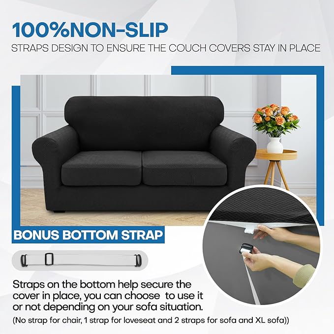 XINEAGE 2026 New 4 Pieces Couch Covers for 3 Cushion Couch Super Stretch Thick Soft Sofa Cover Anti Slip Sofa Slipcover Dogs Cats Furniture Protector (Black, 71"-91")