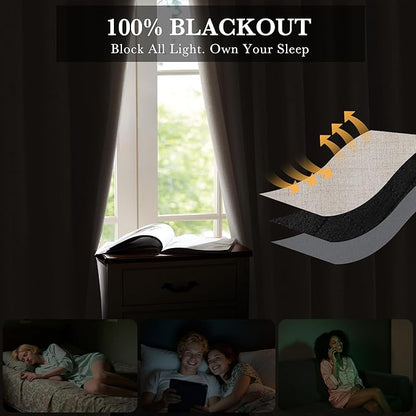 RYB HOME Natural Beige 100% Blackout Curtains 63 inch Long, Light Blacking & Thermal Insulated Curtains for Nursery/Bedroom/Kids'Room, Back Tab & Rod Pocket Window Treatment, W52 x L63, 2 Panels