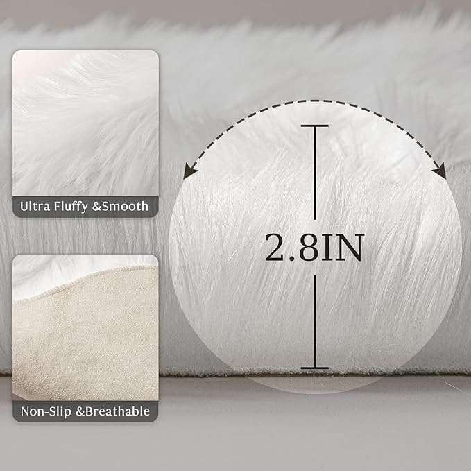 Ashler Faux Fur Rug - Fluffy Shaggy Area Rug, Ultra Soft 3 x 3 Feet Round, White Fuzzy Machine Washable Shag, Nursery Decor Throw for Bedroom, Kids Room, Living Room
