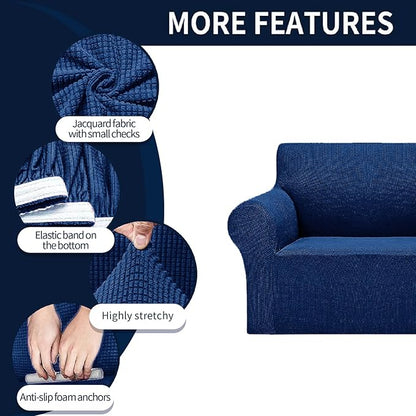 Cupuamon 2026 New Stretch Loveseat Sofa Slipcovers Couch Cover for 2 Cushion Furniture Protector Sofa Covers with Elastic Bottom Jacquard Fabric Small Checks for Pets, Kids - Classic Blue
