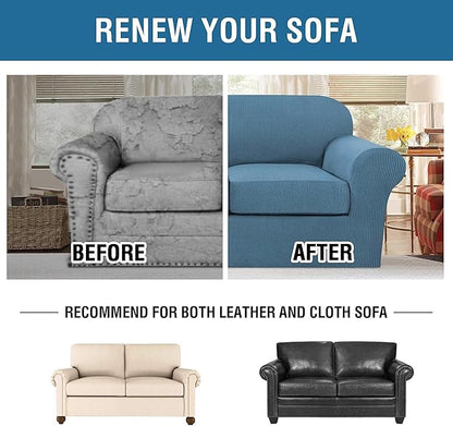 H.VERSAILTEX 3 Piece Stretch Sofa Covers for 2 Cushion Sofa Couch Covers for Living Room Furniture Cover (Base Cover Plus 2 Seat Cushion Covers) Thicker Jacquard Fabric(Large Sofa, Dusty Blue)