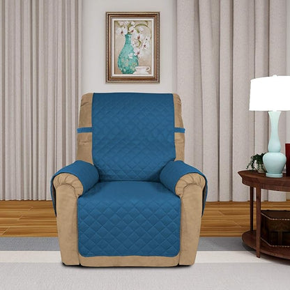 PureFit Reversible Quilted Sofa Cover, Water Resistant Slipcover Furniture Protector, Washable Couch Cover with Non Slip and Elastic Straps for Kids, Dogs, Pets (Small Recliner, Peacock Blue/Beige)