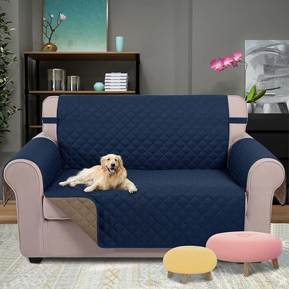 U-NICE HOME Loveseat Sofa Cover Reversible Couch Cover for Dogs with Elastic Straps Water Resistant Furniture Protector for Pets Couch Cover for 2 Cushion Couch (Loveseat, Navy/Taupe)