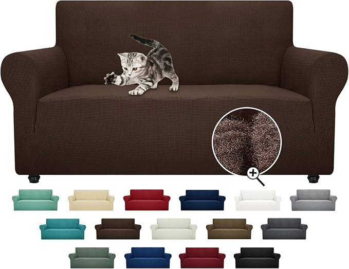 ZNSAYOTX Super Stretch Couch Cover Love Seat Sofa Covers for Living Room Dogs Pet Friendly Furniture Protector Spandex Loveseat Slipcovers with Anti Slip Foam Sticks (Coffee, Loveseat)