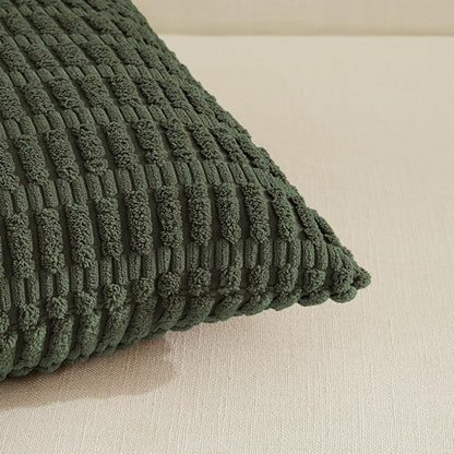 Fancy Homi 4 Packs Boho Olive Green Decorative Throw Pillow Covers 12x24 Inch for Couch Bed Sofa, Rustic Modern Farmhouse Home Decor, Soft Plush Corduroy Cute Square Cushion Case 30x60 cm