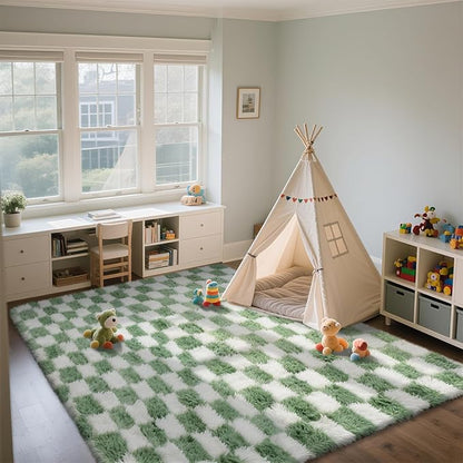 Large Area Rugs for Living Room Bedroom,9x12 Green and White Fluffy Soft Checkered Rug Fuzzy Shag Shaggy Carpet, Indoor Plush Floor Rugs for Kids Boys Girls Teen Dorm Nursery Home Decor