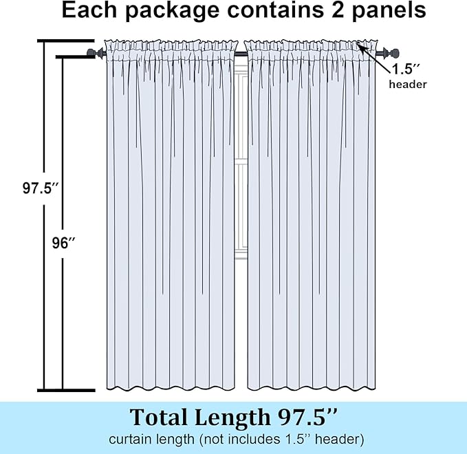 Simplebrand Sheer White Curtains 96 Inches Long, Light Filtering Rod Pocket Solid Color Window Sheer Curtain Panels, Elegant Curtains & Drapes for Living Room, Bedroom 2 Panels (White, 59" W x 96" L)