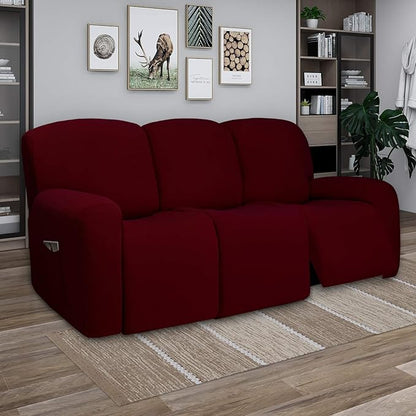 PureFit Super Stretch 3 Seats Recliner Chair Sofa Couch Cover with Pocket – Non Slip Soft Sofa Slipcover, Washable Spandex Reclining Furniture Protector for Kids, Pets (Recliner Sofa, Wine)