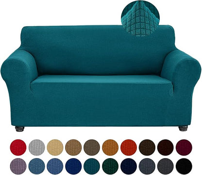 Joccun Stretch Loveseat Couch Cover, 1-Piece Sofa Cover for 2 Cushion Couch Spandex Jacquard Washable Furniture Protector Cover for Living Room,Kids,Pets（Loveseat,Peacock Blue）