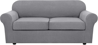 H.VERSAILTEX 3 Piece Stretch Sofa Covers for 2 Cushion Sofa Couch Covers for Living Room Furniture Cover (Base Cover Plus 2 Seat Cushion Covers) Thicker Jacquard Fabric(Large Sofa, Dove)