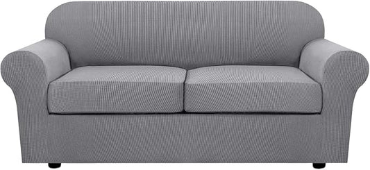 H.VERSAILTEX 3 Piece Stretch Sofa Covers for 2 Cushion Sofa Couch Covers for Living Room Furniture Cover (Base Cover Plus 2 Seat Cushion Covers) Thicker Jacquard Fabric(Large Sofa, Dove)