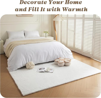 ThreadGlobe Fluffy Faux Rabbit Fur Rug 4'x6', Cloud-Soft Rugs for Living Room, Bedroom & Nursery, Non-Slip No-Shed Area Rug, Machine Washable Rug, White, 4x6 Ft