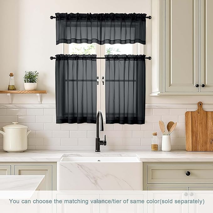 Black Sheer Curtains Tier 30 Inches Length 2 Panels Set, Light Filtering Lightweight Soft Window Treatments Drapes, Cute Elegant Cafe Curtains for Nursery, Dual Rod Pocket, 2x42Wx30L Inches
