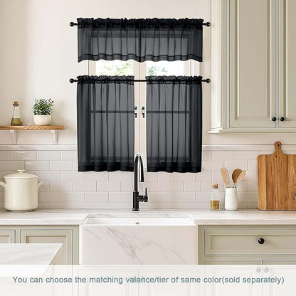 Black Sheer Curtains Tier 30 Inches Length 2 Panels Set, Light Filtering Lightweight Soft Window Treatments Drapes, Cute Elegant Cafe Curtains for Nursery, Dual Rod Pocket, 2x42Wx30L Inches