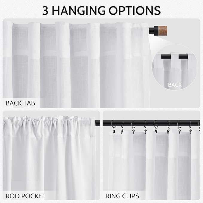 Snow White Linen Curtains 63 Inch Length for Living Room Light Filtering Semi Sheer Curtain Back Tab Luxury Neutral Coastal Modern Farmhouse Decor Drapes for Bedroom Dinner Room 52x63, 2 Panels