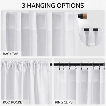 Snow White Linen Curtains 63 Inch Length for Living Room Light Filtering Semi Sheer Curtain Back Tab Luxury Neutral Coastal Modern Farmhouse Decor Drapes for Bedroom Dinner Room 52x63, 2 Panels